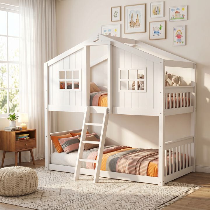 Whisen 79.5"x41.1" House Bunk Bed, Solid Wood Twin Over Twin for Kids Bedroom