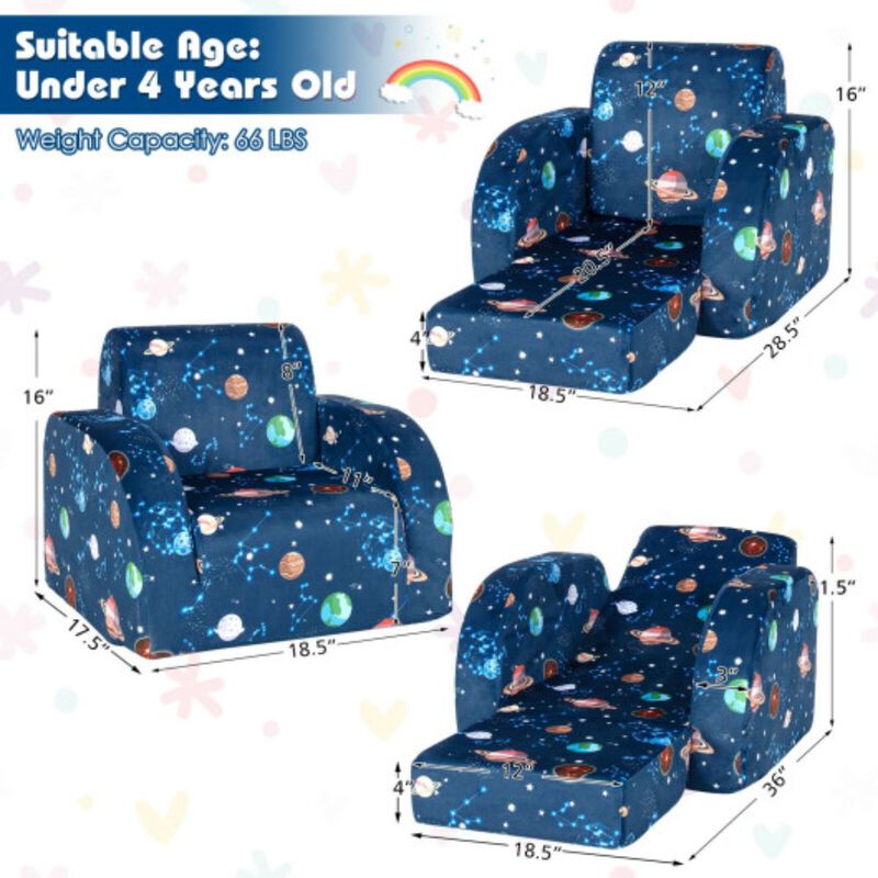 3-in-1 Convertible Kid Sofa Bed Flip-Out Chair Lounger for Toddler - Blue Outer Space