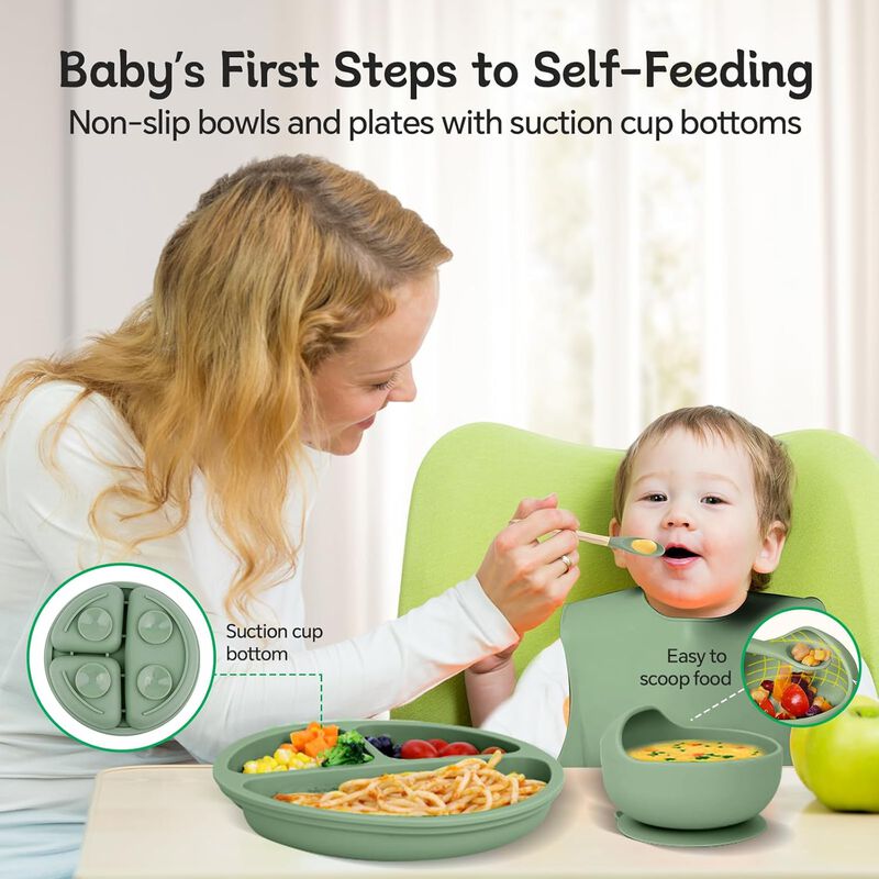 Baby Feeding Set: Suction Bowl, Plates, Bib, and Spoons for Weaning