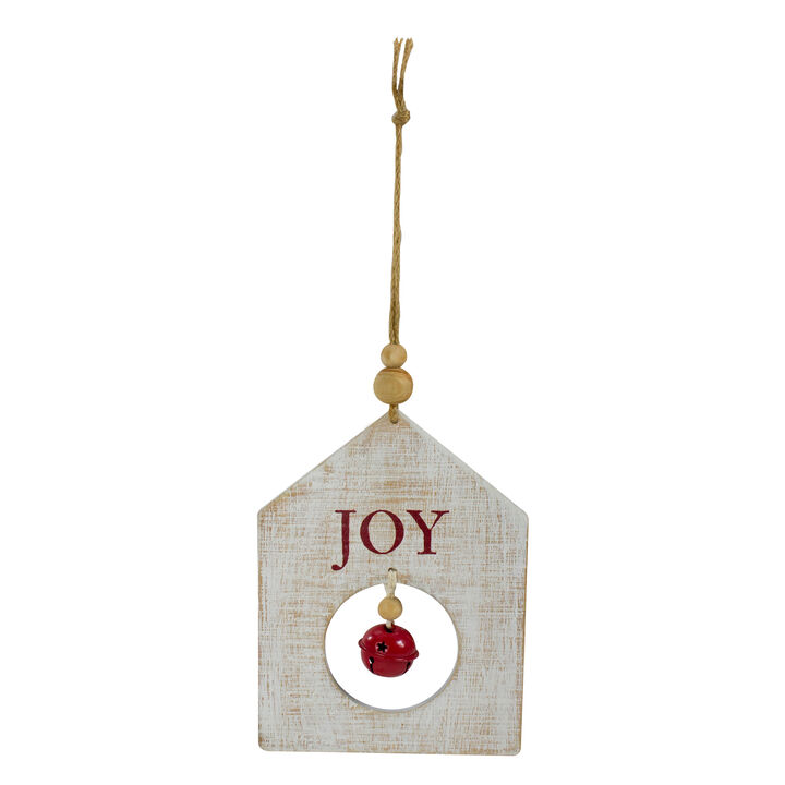 8" White Wooden "JOY" With Red Bell Christmas Ornament