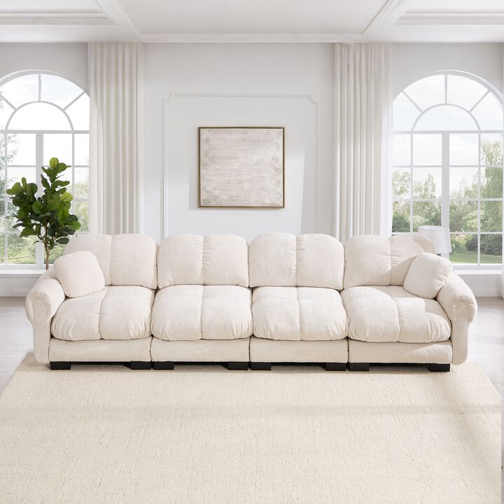 Chenille Cloud 4-Seater Sofa,Exquisite pillows and quilted back cushions,Soft padded armrests,Deep Seat Sofa Couch For Living Room-Orange