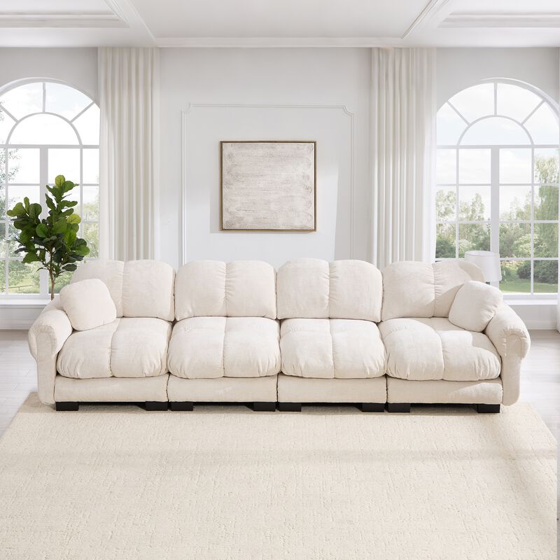 Chenille Cloud 4-Seater Sofa,Exquisite pillows and quilted back cushions,Soft padded armrests,Deep Seat Sofa Couch For Living Room-Orange image number 1