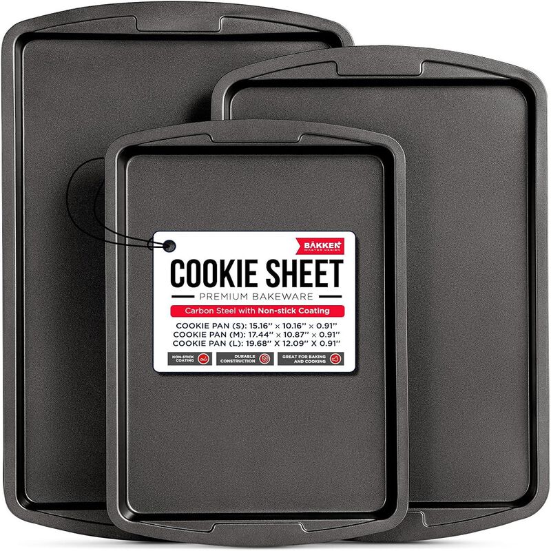 Bakken Swiss Cookie Sheet 3 Piece Set - Non-Stick, Stackable Baking Pans, White marble Deluxe Ceramic Coating &ndash; Dishwasher Safe - for Home Baking