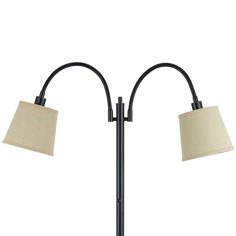 80 Watt Metal Floor Lamp with Dual Gooseneck and Uno Style Shades, Black - Benzara