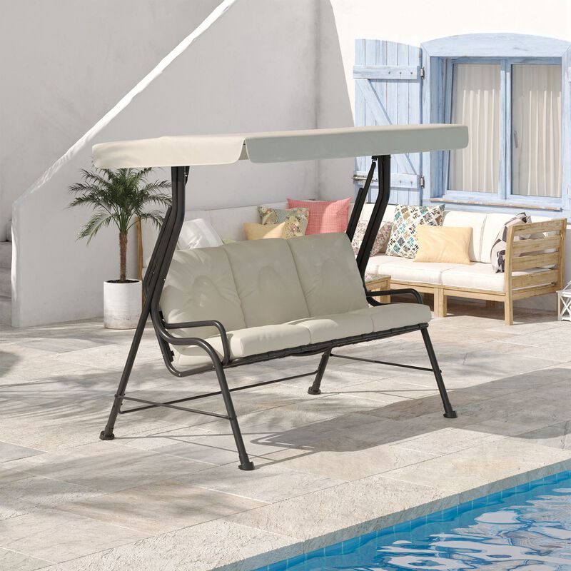 Outsunny 3-Seat Patio Swing Chair, Outdoor Swing Glider with Adjustable Canopy, Removable Thicken Cushion, and Weather Resistant Steel Frame, for Garden, Poolside, Backyard, Cream White