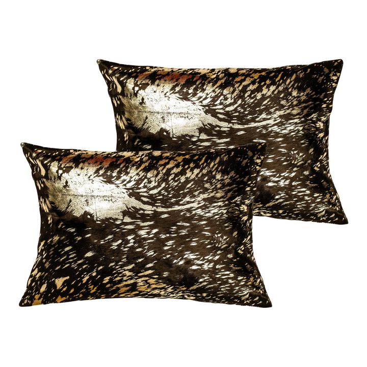 HomeRoots Set of Two 12" X 20" Chocolate and Gold Abstract Cowhide Lumbar Throw Pillows with Glitter