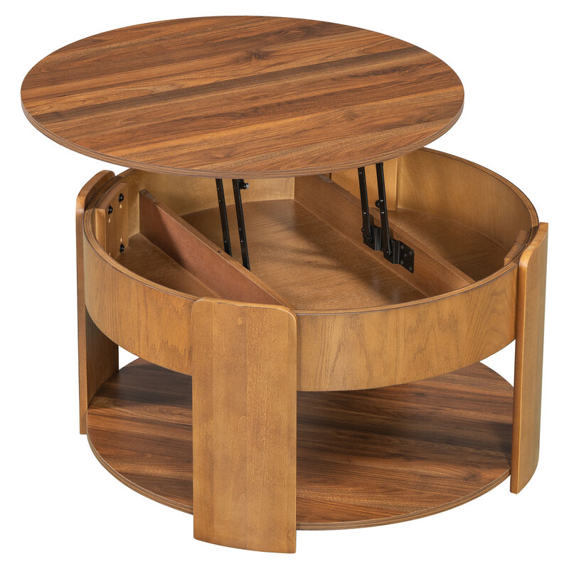 Merax Round Lift-Top Coffee Table with Hidden Storage & Bottom Shelf &ndash; Wood Grain Finish image number 5