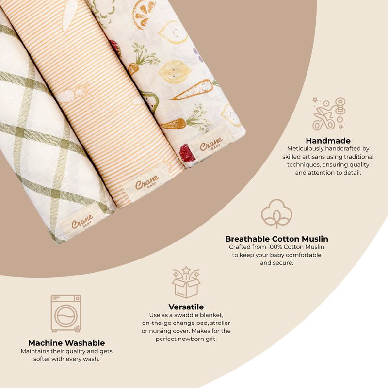 Clementine Cotton Muslin Swaddle Blanket Set (Veggies, Set of 3) image number 4