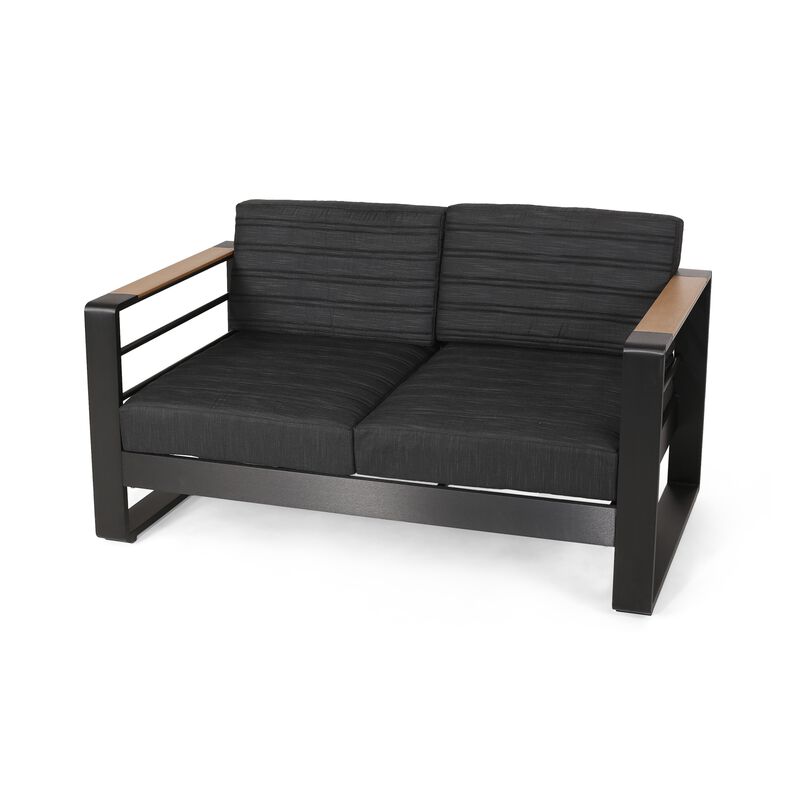 Vinia Loveseat, Outdoor Dark Gray Polyester, Wood Accents, Black, 57 Inch - Benzara