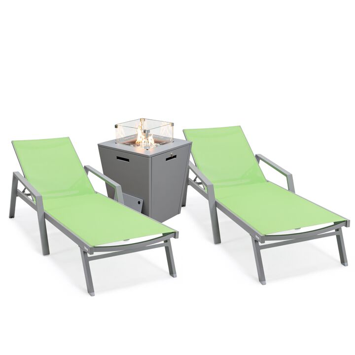 LeisureMod Marlin Modern Aluminum Outdoor Patio Chaise Lounge Chair With Arms in Grey Frame Set of 2 with Square Fire Pit Side Table