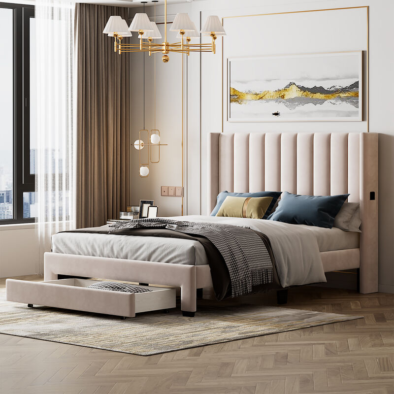 Merax Upholstered Platform Bed with a Big Drawer