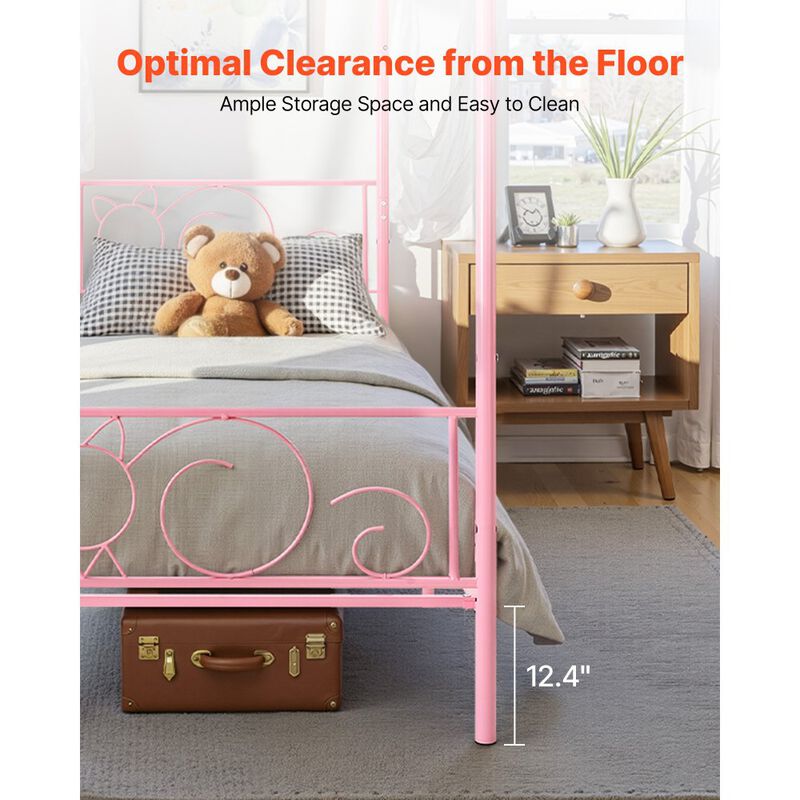 Twin Size Metal Canopy Bed Frame with Headboard, Heavy Duty Steel Slats - Pink image number 4