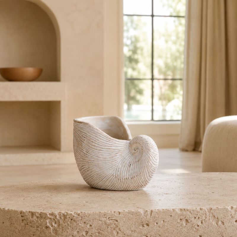 WOW PIONEER Decorative Sand and Cement Nautilus Shell Planter with Textured Beige Finish - 11.5x6.7x7.7 Inches for Coastal Decor image number 3