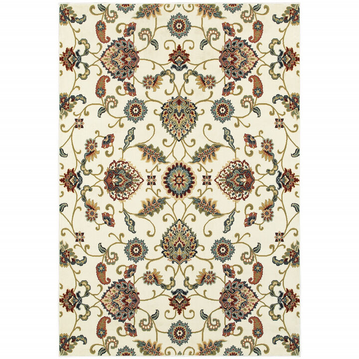 4 X 6 Ivory green Blue Red Salmon And Yellow Floral Power Loom Stain Resistant Area Rug