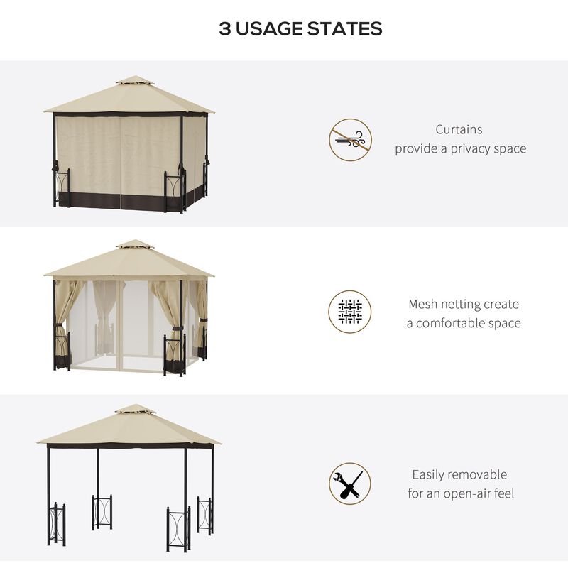 13' x 11' Patio Gazebo Canopy Garden Tent Sun Shade, Outdoor Shelter with 2 Tier Roof, Netting and Curtains, Steel Frame for Garden, Beige