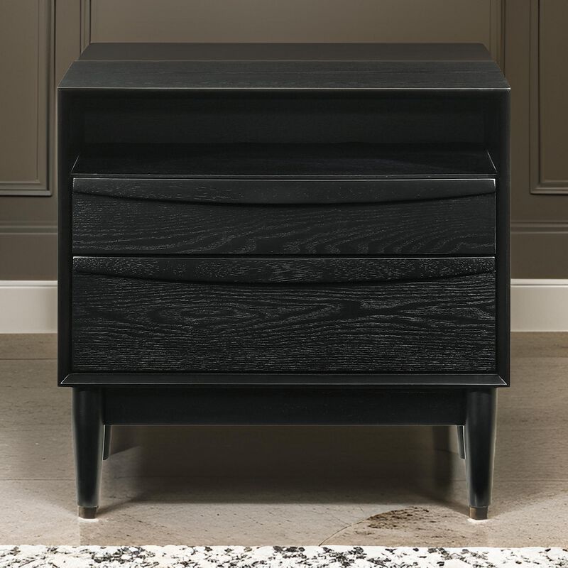 Mian 23 Inch Nightstand, 2 Drawer, Linear Undercut Handles, Wood, Black - Benzara