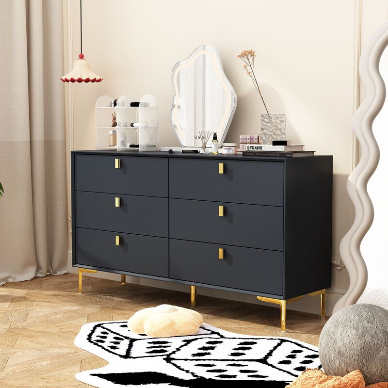 White 6-Drawers 55.1 in. Width Classic Wooden Chest of Drawers, Dresser, Storage Cabinet with Golden Legs and Handles