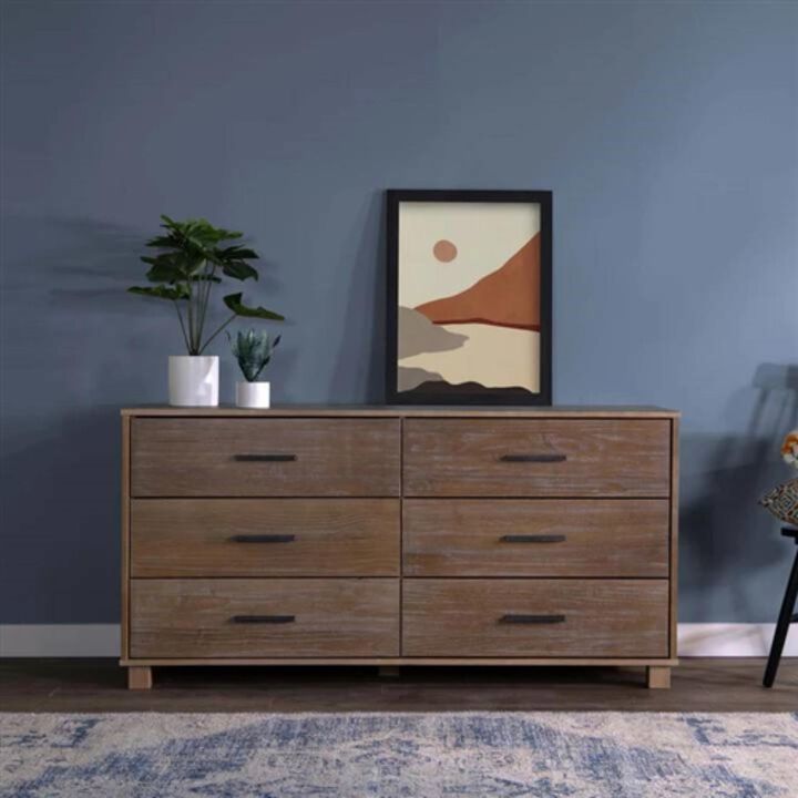 Hivvago Modern Farmhouse Solid Wood 6 Drawer Double Dresser in Rustic Pine Finish