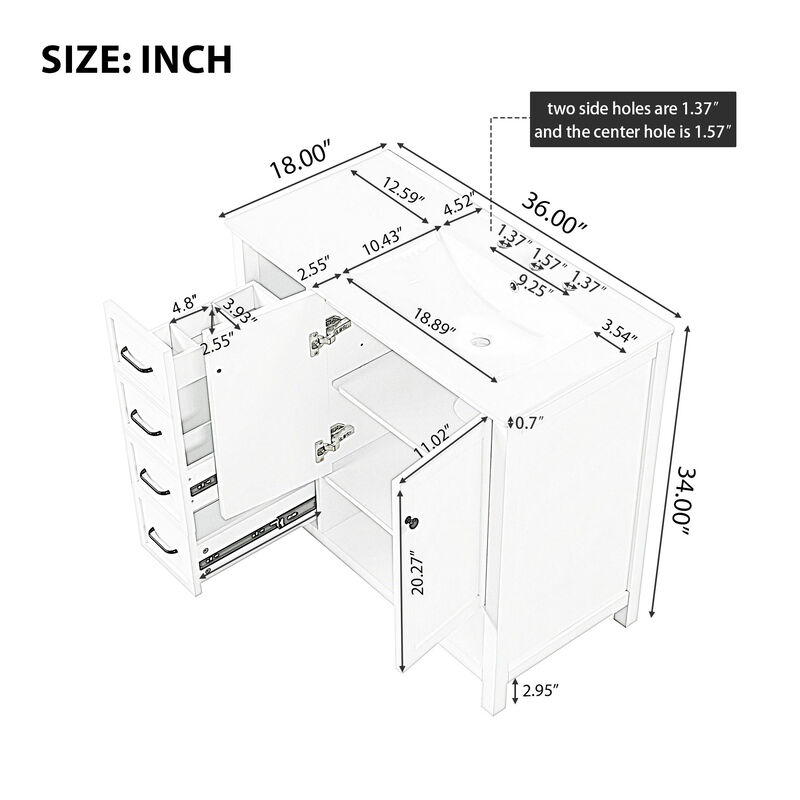 Merax Freestanding Bathroom Vanity with Ceramic Basin (3 Faucet Holes), Two-Door Cabinet & Drawers image number 3