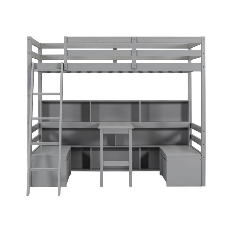 Whisen Twin Loft Bed With Storage Shelves, Drawers, Seat And Desk