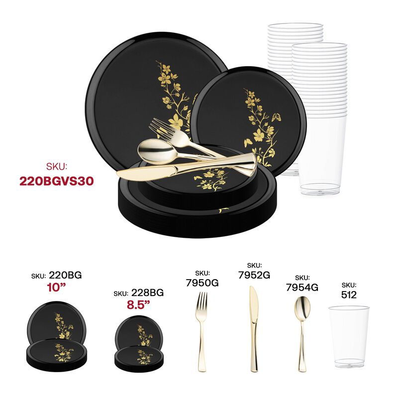 Black with Gold Floral Plastic Wedding Value Set (60 Sets) image number 5