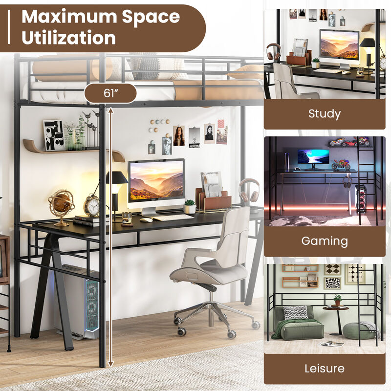 Loft Bed Metal Bed Frame with Ladder and Guardrails