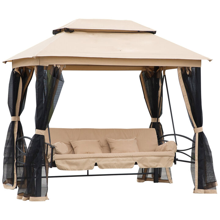 Outsunny 3-Seat Patio Swing Chair, Outdoor Gazebo Swing with Double Tier Canopy, Mesh Sidewalls, Cushioned Seat and Pillows, Beige