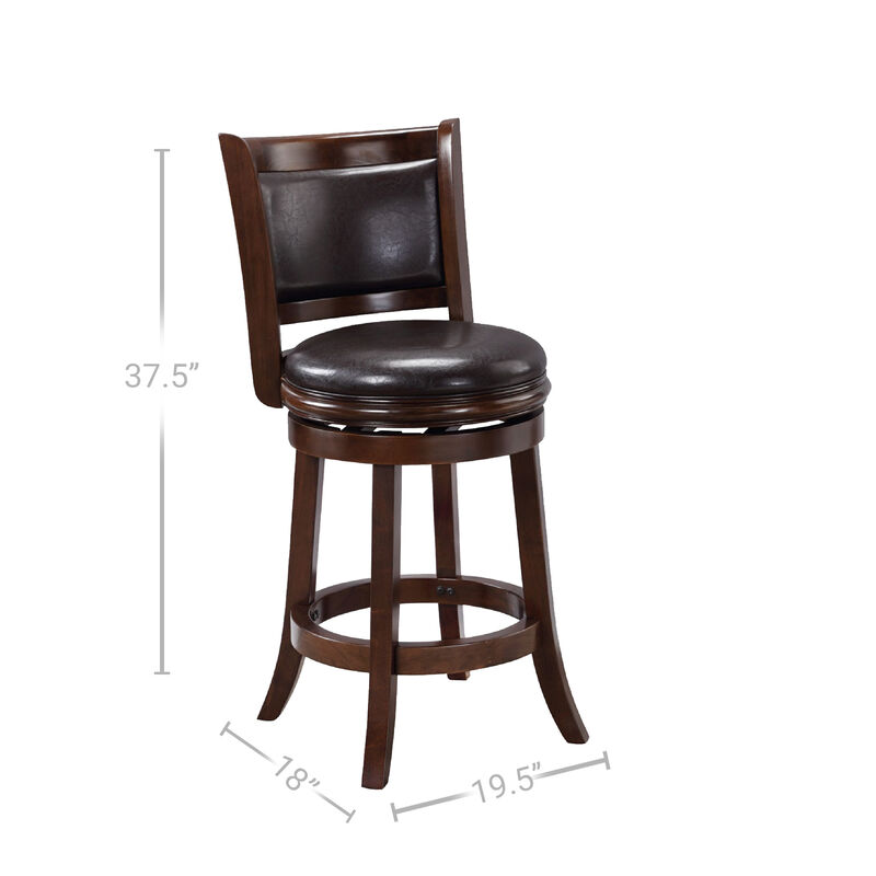 Pal 24 Inch Swivel Counter Stool, Solid Wood, Faux Leather, Espresso Brown-Benzara