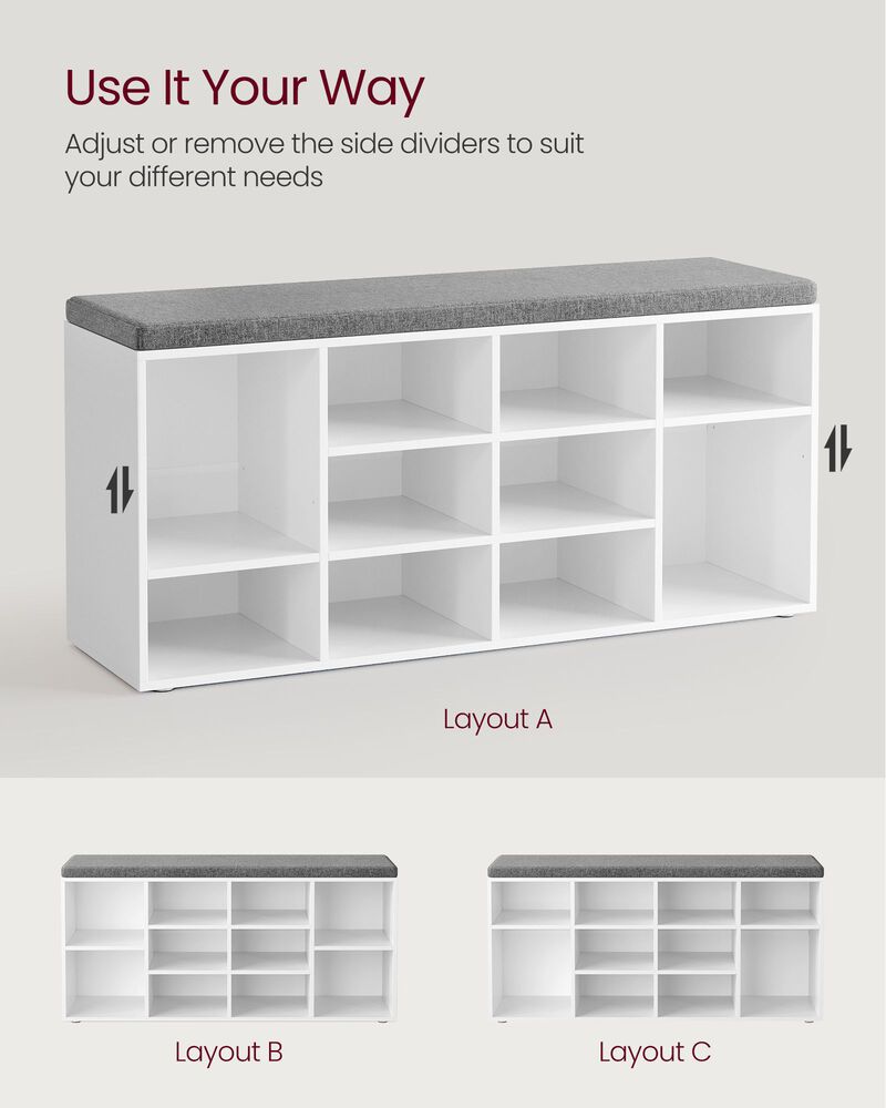 Cubbie Shoe Cabinet Storage Bench with Cushion & Adjustable Shelves - Entryway Organizer