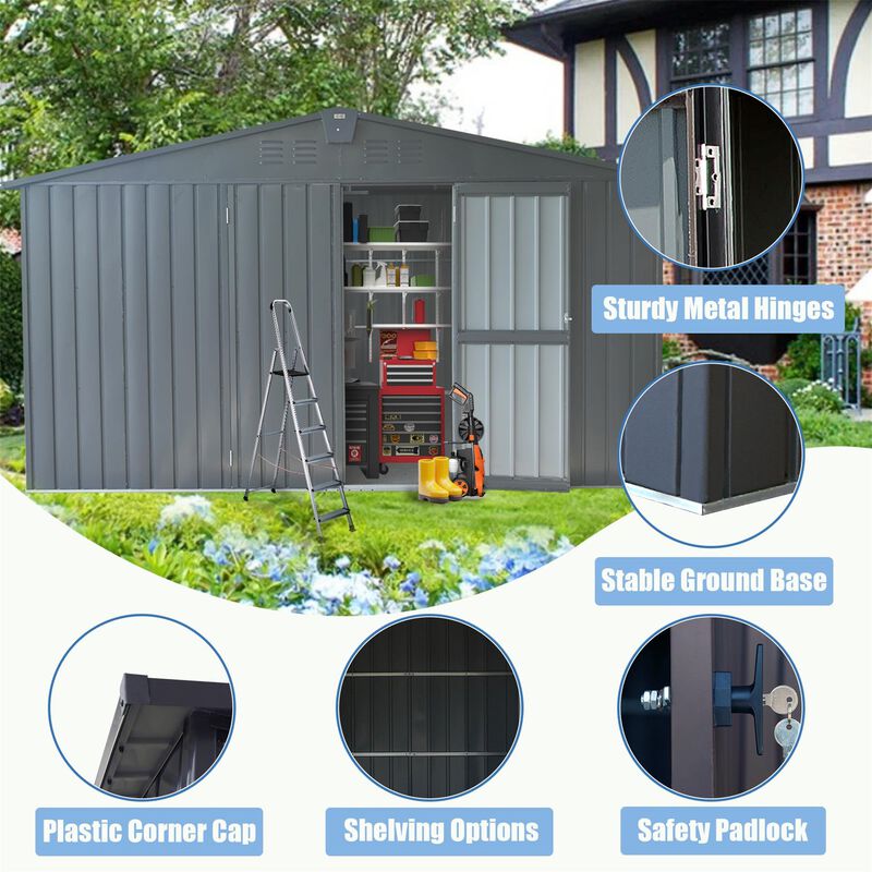 CLIHOME 11x9Ft Patio Galvanized Steel Frame Storage Shed,Garden Shed Metal Utility Tool Storage Room with Double Lockable Doors image number 2