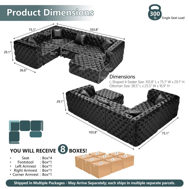 Whisen 4-Seat L-Shaped Modern Modular Sectional with Ottoman, Faux Leather Upholstered, for Living Room image number 9