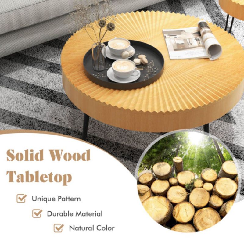 Set of 2 Solid Wood Farmhouse Round Coffee Tables-Radial Pattern