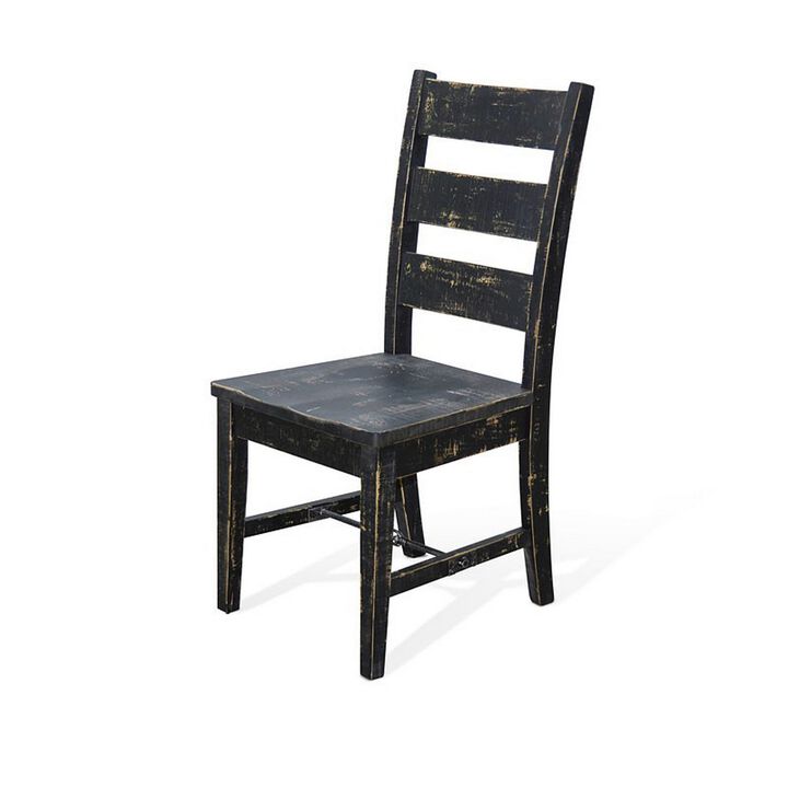 Rena Dining Chair Set of 2, Ladderback and Wood Seat, Black Mahogany - Benzara