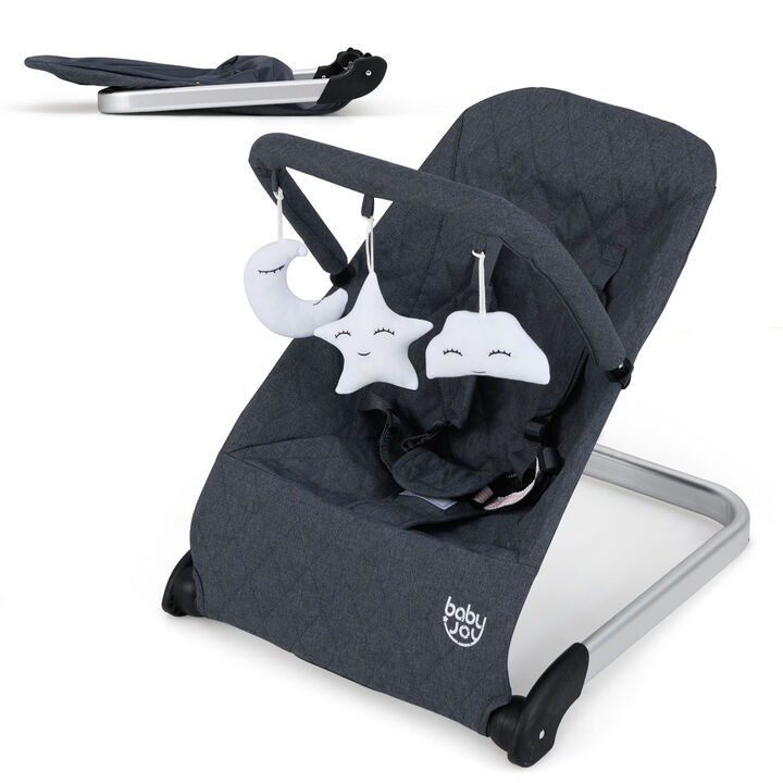 Foldable Baby Bouncer with Removable Fabric Cover and Toy Bar for Comfort and Entertainment