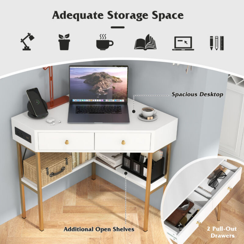 Space Saving Corner Computer Desk with 2 Large Drawers and Storage Shelf