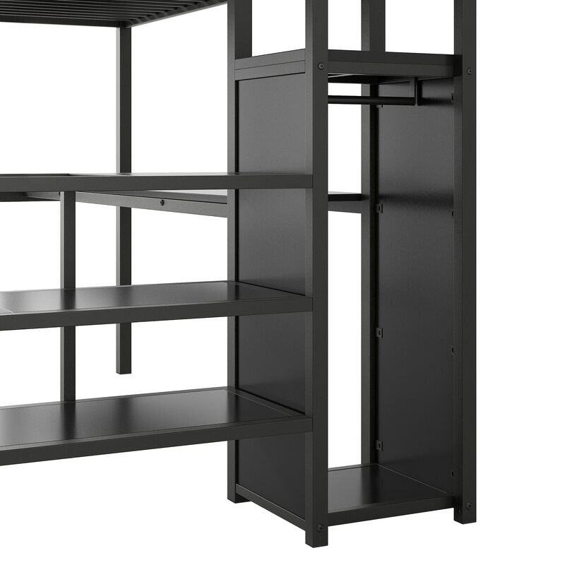 Merax Metal Loft Bed with Desk, Storage Staircase, Small Wardrobe and LED Light,Black