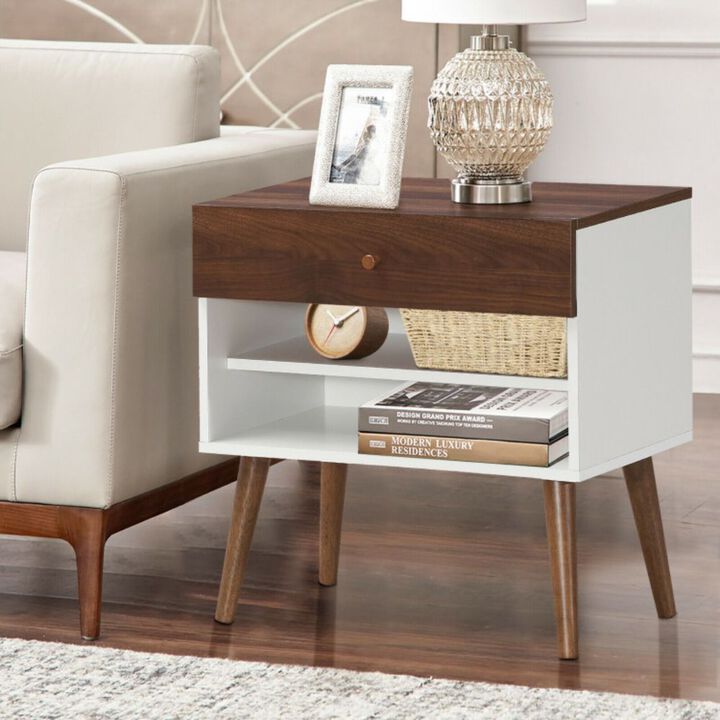 Hivago Mid-Century Nightstand with Drawer and Rubber Wood Legs