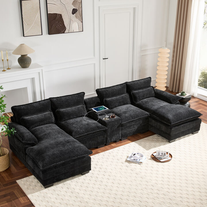 Merax U-Shaped Chenille Sectional Sofa with Double Chaise, Central Storage Console
