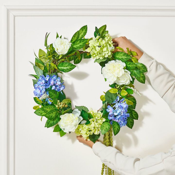 Artificial Wreath with Hydrangeas and Roses for Door or Wall, Year-Round Decor