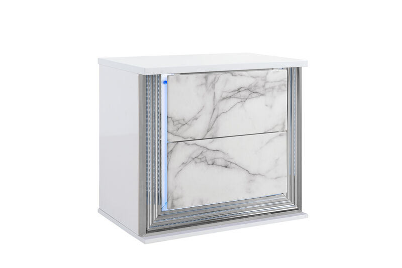 Minimalist Two Drawer Nightstand – Wood & Faux Marble Bedside Table with Light