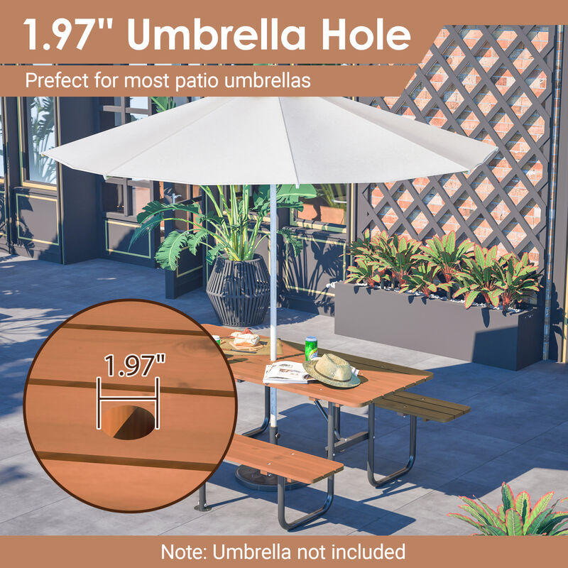 WOW PIONEER 72 Inch Rectangular 6-Person Outdoor Picnic Table with Built-in Benches, 1.97 Inch Umbrella Hole, Waterproof Corrosion Resistant image number 3
