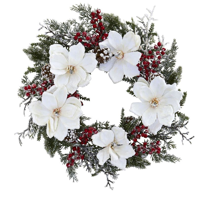 Nearly Natural 22-in Frosted Magnolia & Berry Wreath image number 1