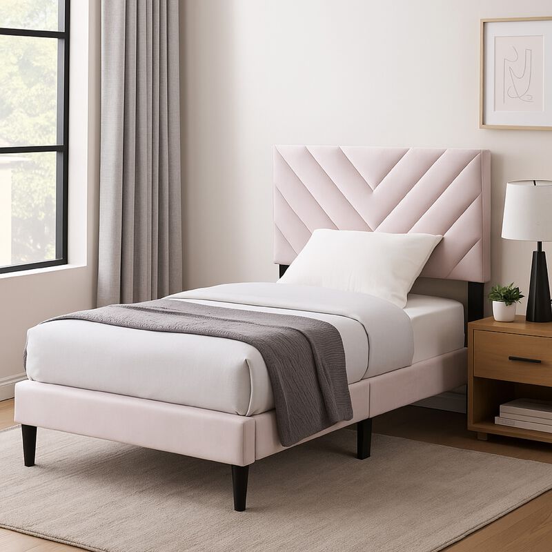 Lilian Full Bed, Tufted Light Pink Velvet Upholstery, Chevron Stitch - Benzara image number 5