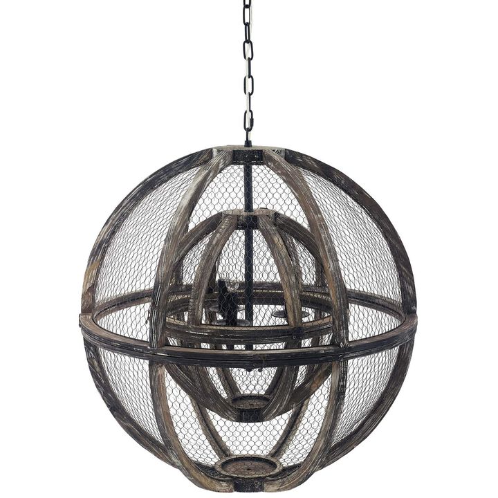 Modway Gravitate Rustic Oak Wood Globe Pendant Light Chandelier