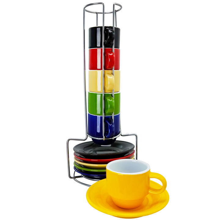Gibson Sensations 13 Piece Stackable Non-Toxic Ceramic Small Espresso Cup Set with Saucers and Metal Wire Rack in Assorted Colors