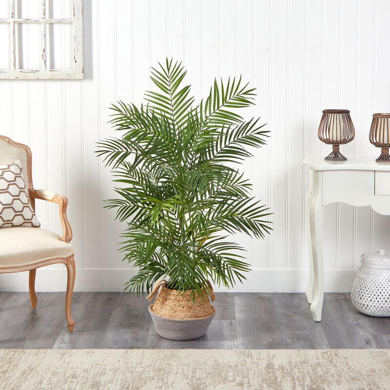 Hivvago 4 Feet Areca Artificial Palm Branches in Boho Chic Handmade Cotton & Jute Gray Woven Planter