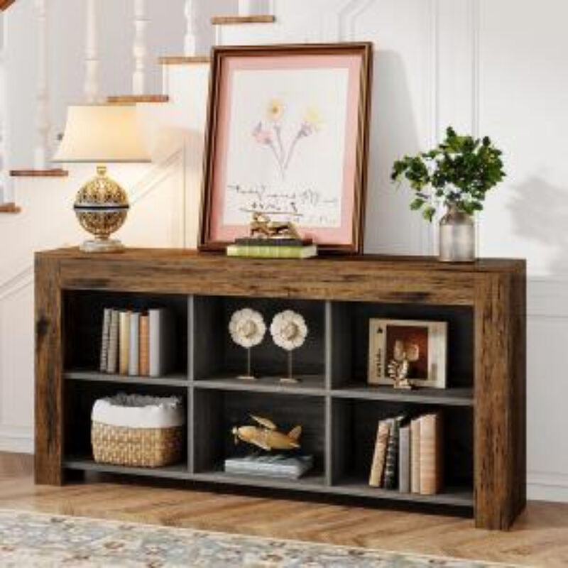 Rustic Wood Sofa Table, Console Table with 6 Storage Cubes for Entryway image number 4