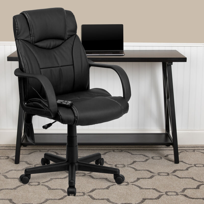 Laverne Mid-Back Ergonomic Massaging Black LeatherSoft Executive Swivel Office Chair with Arms image number 1