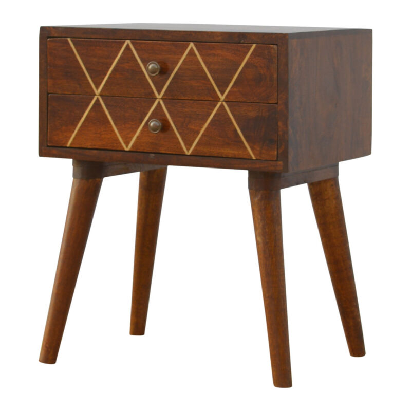 HomeRoots 22" Chestnut Solid Wood Geometric Brass Inlay Two Drawer Nightstand image number 5