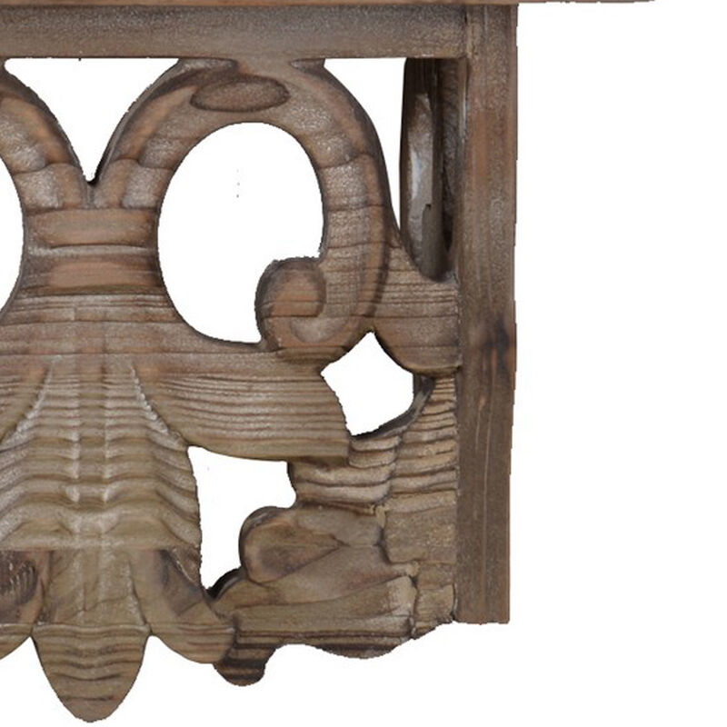 23.5 Inches Wooden Wall Shelf with Scrollwork, Small, Brown - Benzara